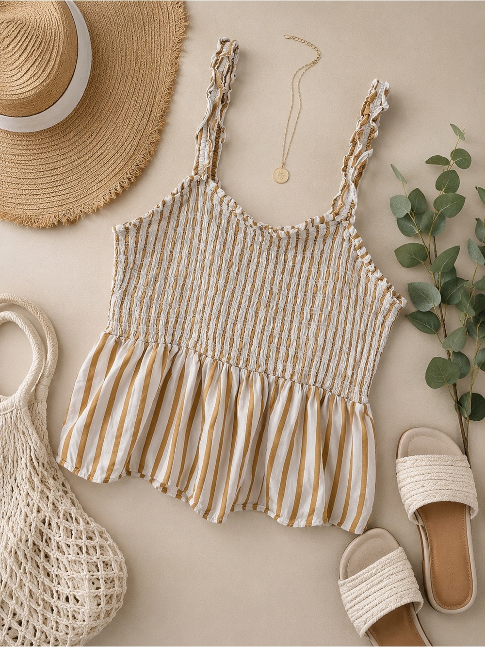 Ava & Viv Tan + White Smocked Babydoll Cotton Tank Beachy Coastal Plus Size 3X